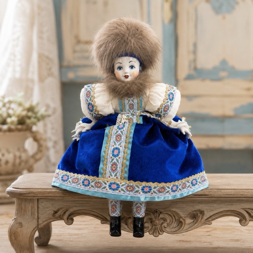 Vintage Russian Hand Painted Porcelain Doll 18" Blue Velvet Dress Fur Trim